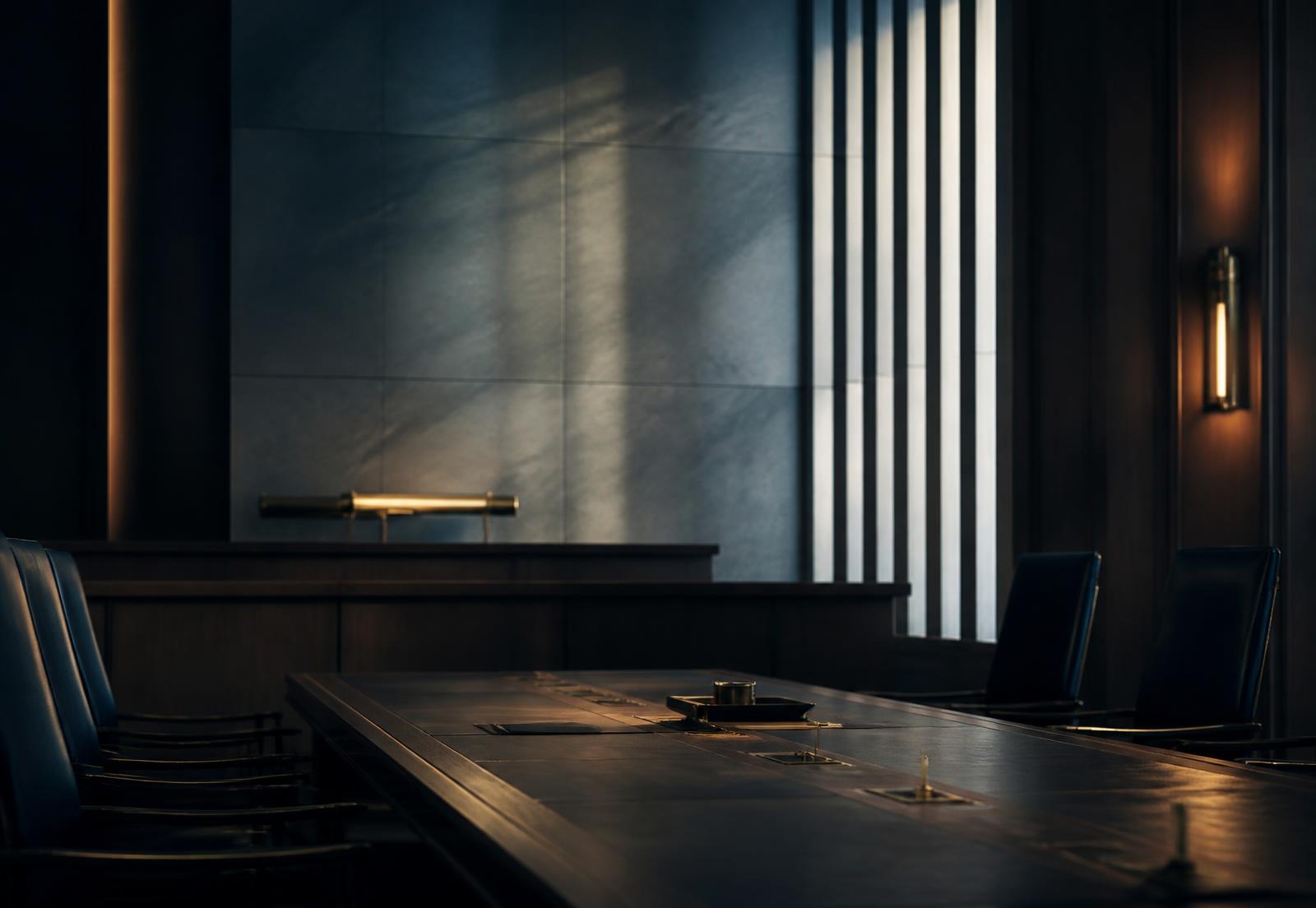Sala de audiências arbitrais com mesa de madeira e luz filtrada por venezianas